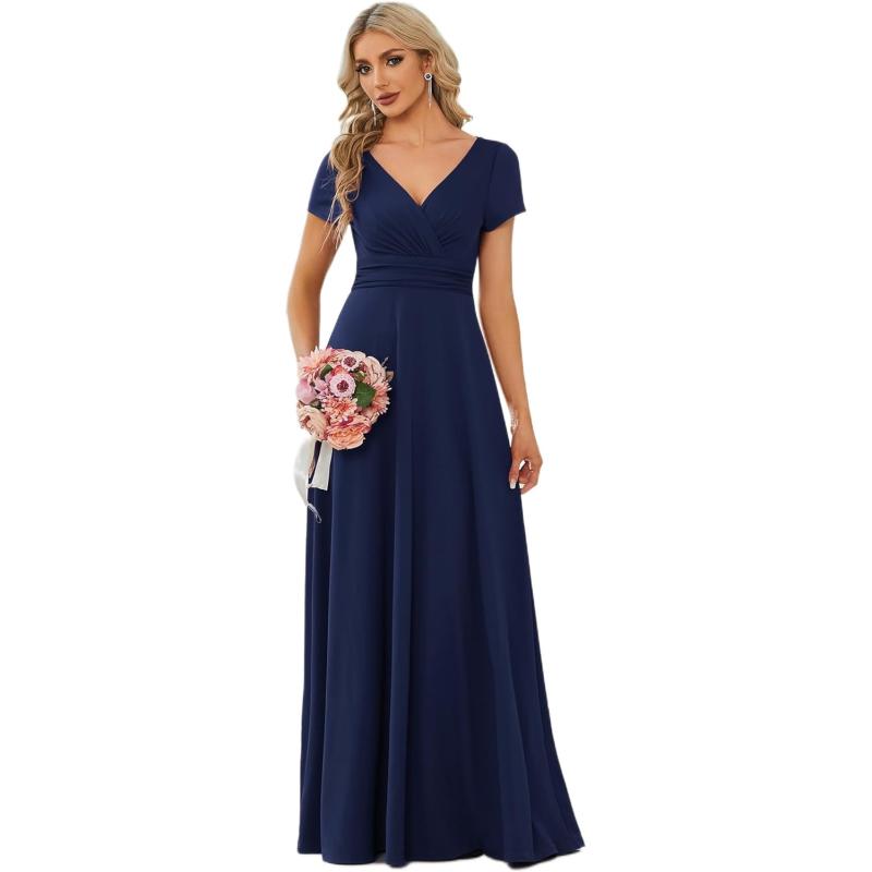 Ever-Pretty Women's Ruched V Neck A Line Floor-Length Bridesmiad Dress with  Sleeves 01730(Navy Blue) - Ever-Pretty